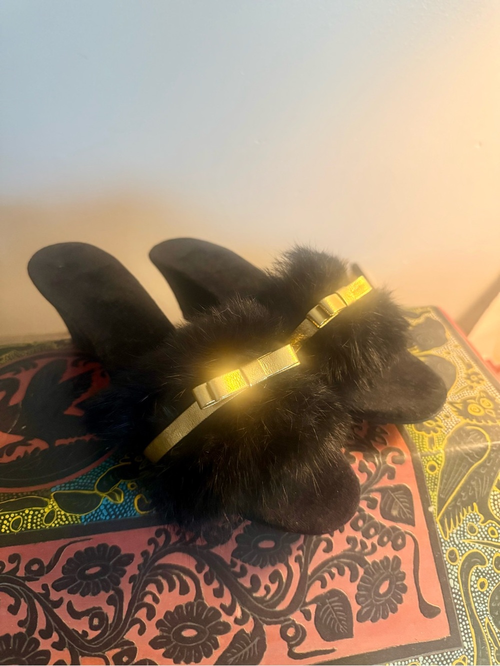 VTG 1950s Black Real Rabbit Fur Boudoir Slippers Mules / Size 4-4.5 Petite